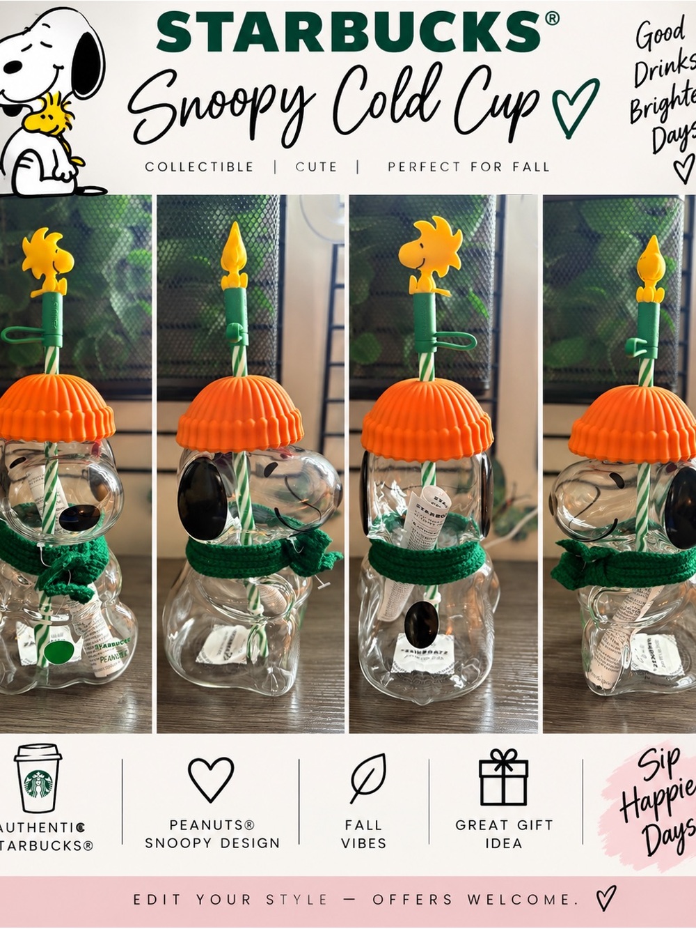 NEW SOLD OUT Starbucks Snoopy Glass Cold Cup Woodstock Pumpkin Fall 20oz